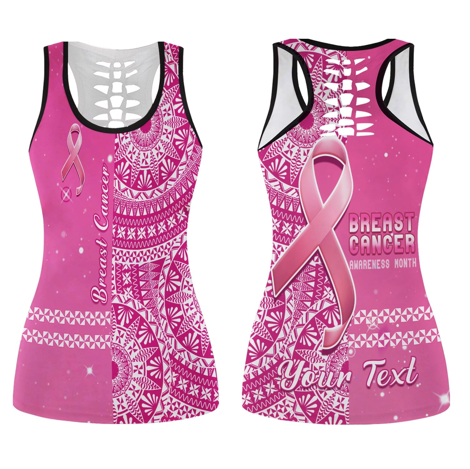 (Custom Personalised) Tonga Breast Cancer Hollow Tank Top Tongan Ngatu Pattern No One Fights Alone LT14 Female Pink - Polynesian Pride