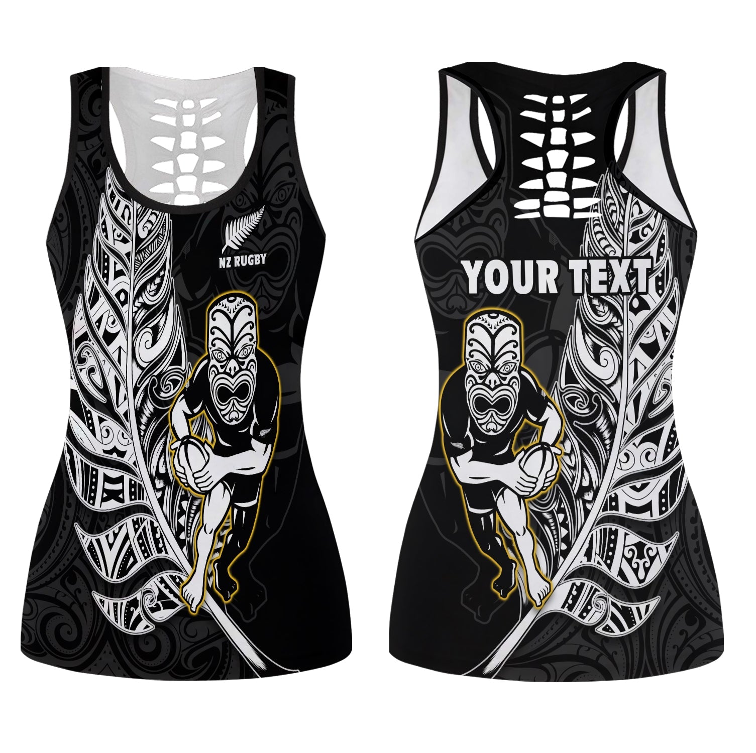 (Custom Personalised) New Zealand Silver Fern Rugby Hollow Tank Top All Black Maori Version Black LT14 Female Black - Polynesian Pride