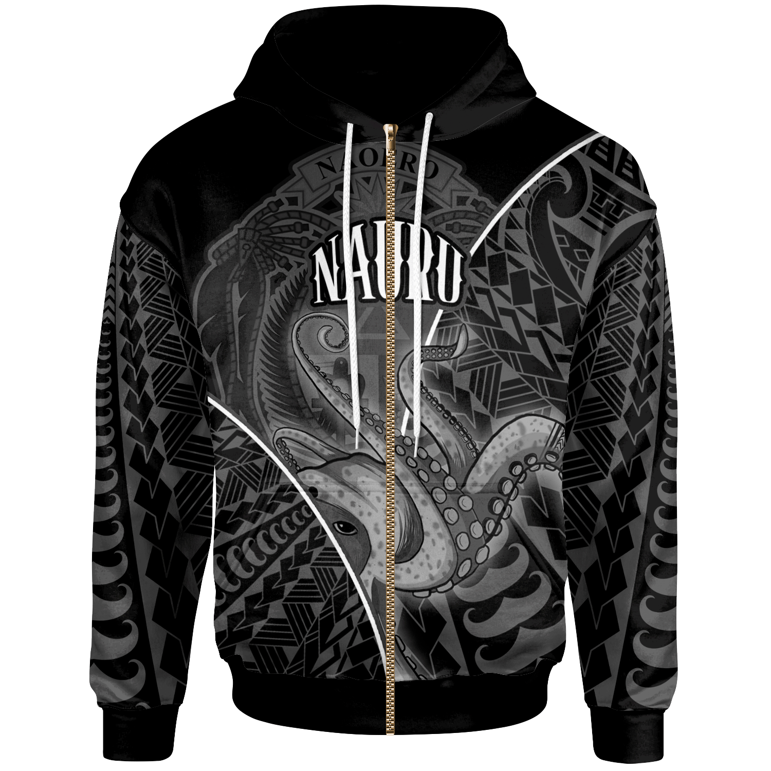 Nauru Zip Hoodie Octopus Style White Color Unisex White - Polynesian Pride