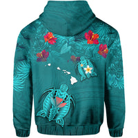 Custom Hawaiian Islands Hoodie Hawaii Tropical Flowers and Turtles Turquoise LT13 - Polynesian Pride