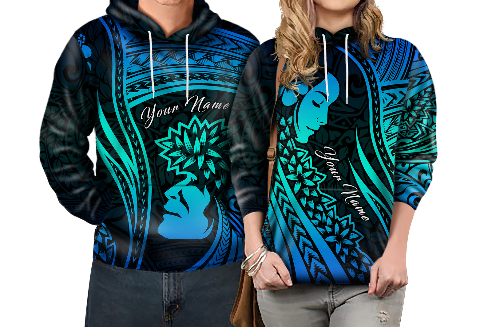 Custom Polynesian Valentine Couple Hoodie I LOVE YOU Hibiscus Style Blue LT13 6XL - Polynesian Pride