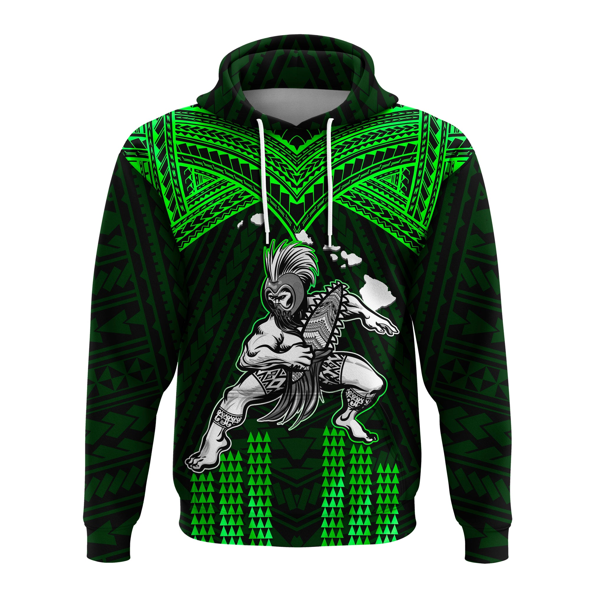 Custom Hawaii Hoodiean Warrior With Weapon Polynesian Ver.03 LT14 Pullover Hoodie Green - Polynesian Pride