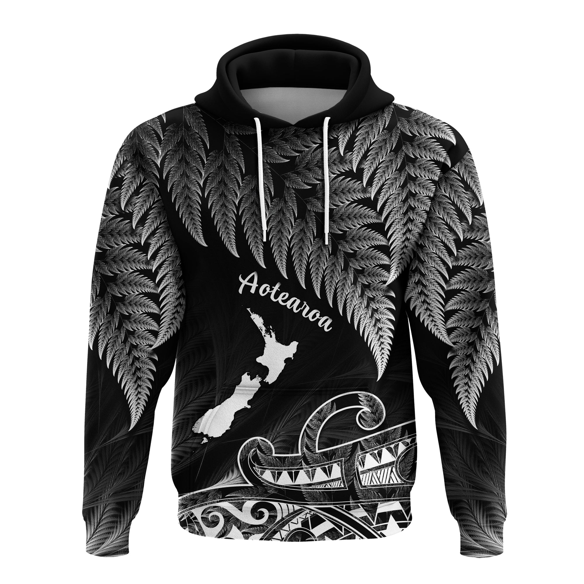 Custom New Zealand Silver Fern Hoodie Aotearoa Map Maori LT14 Pullover Hoodie Black - Polynesian Pride