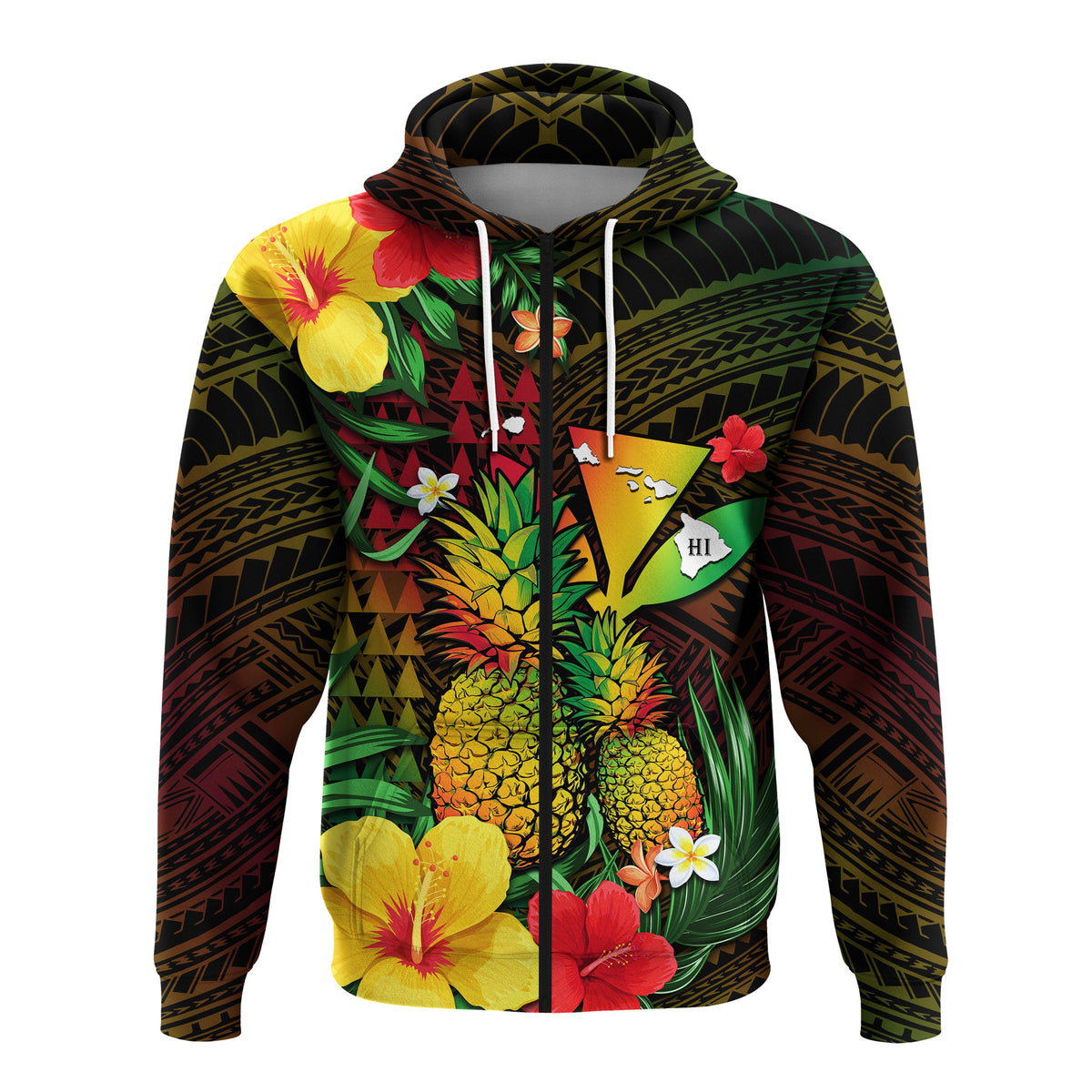 Custom Hawaii Hoodie Pineapple Mix Kakau Reggae Kanaka LT14 Zip Hoodie Reggae - Polynesian Pride