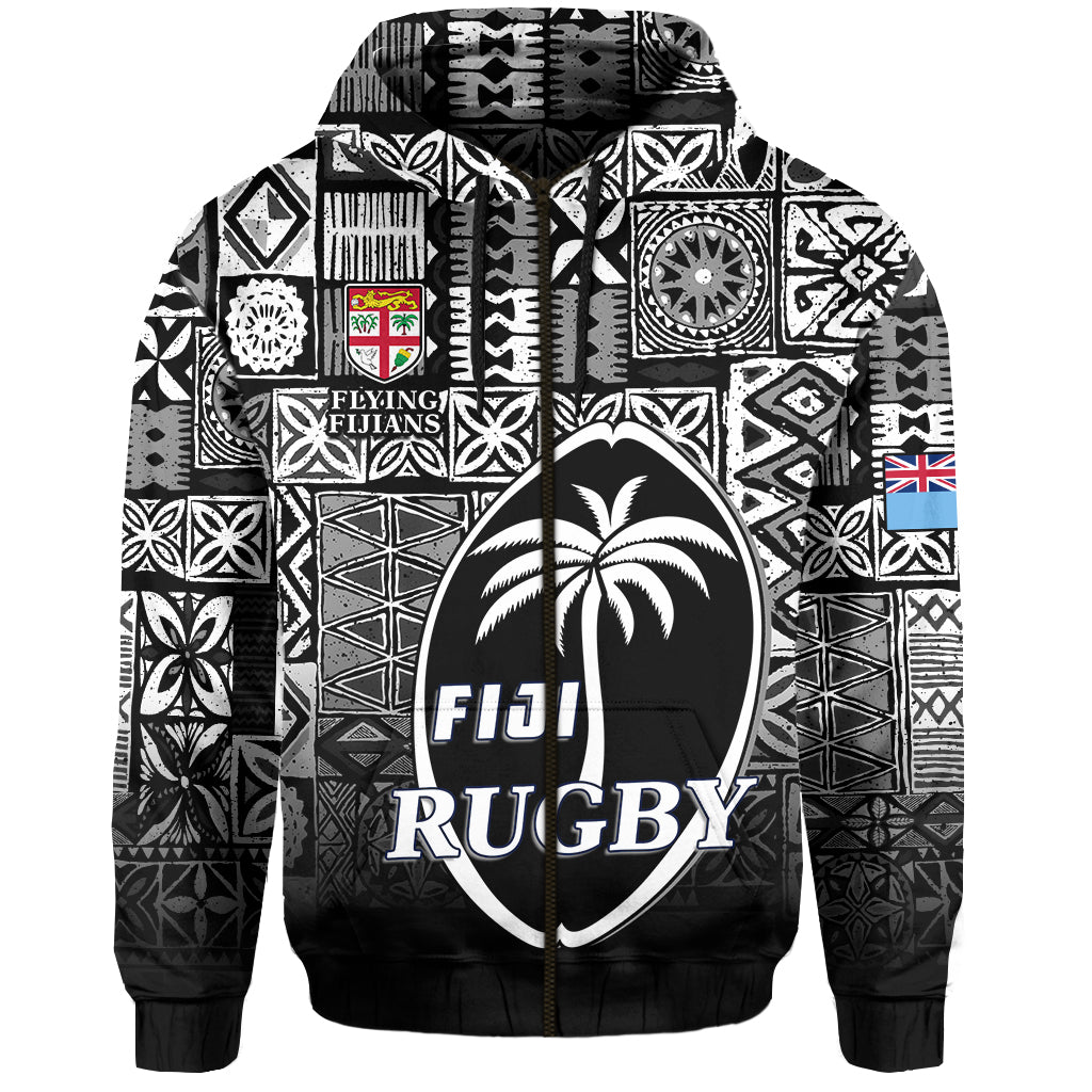 Fiji Rugby Zip Hoodie Flying Fijians Black Tapa Pattern LT13 Unisex Black - Polynesian Pride