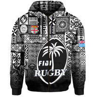(Custom Text and Number) Fiji Rugby Zip Hoodie Flying Fijians Black Tapa Pattern LT13 - Polynesian Pride