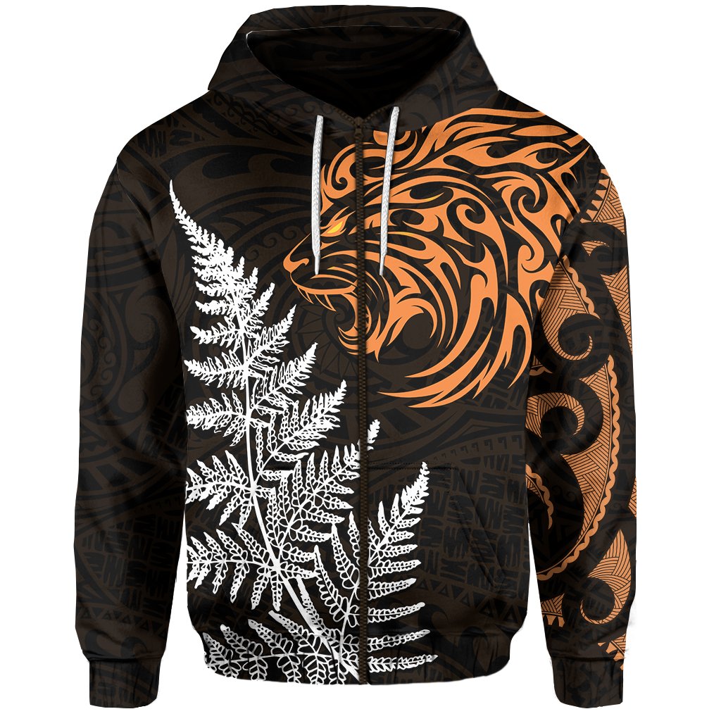 Leo Zodiac Style Maori Zip Hoodie Orange Lion LT13 Unisex Black - Polynesian Pride