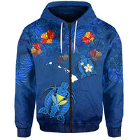 Hawaiian Islands Zip Hoodie Hawaii Tropical Flowers and Turtles Blue LT13 Unisex Blue - Polynesian Pride
