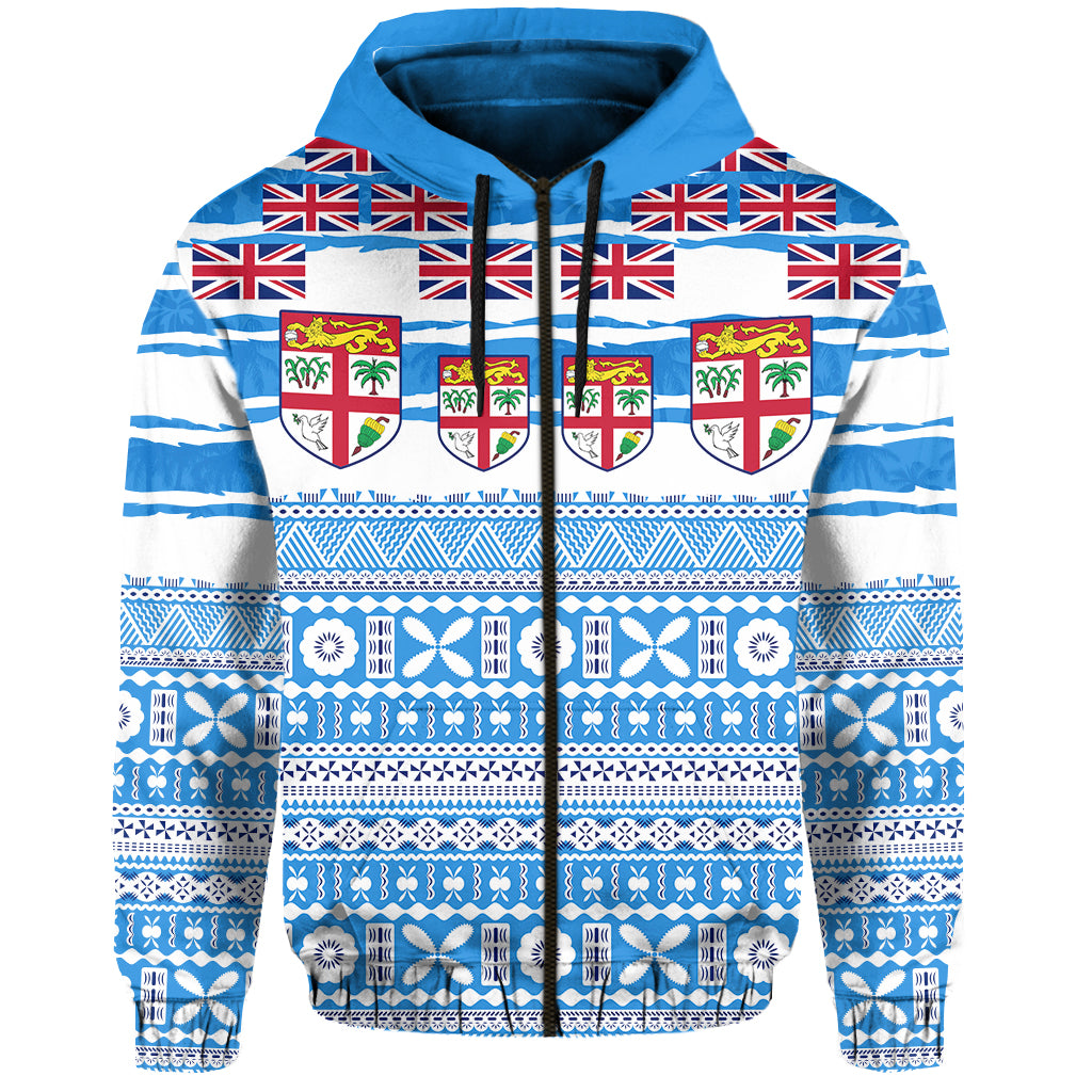 Fiji Polynesian Zip Hoodie Fijian Tropical Flowers LT13 Unisex Blue - Polynesian Pride