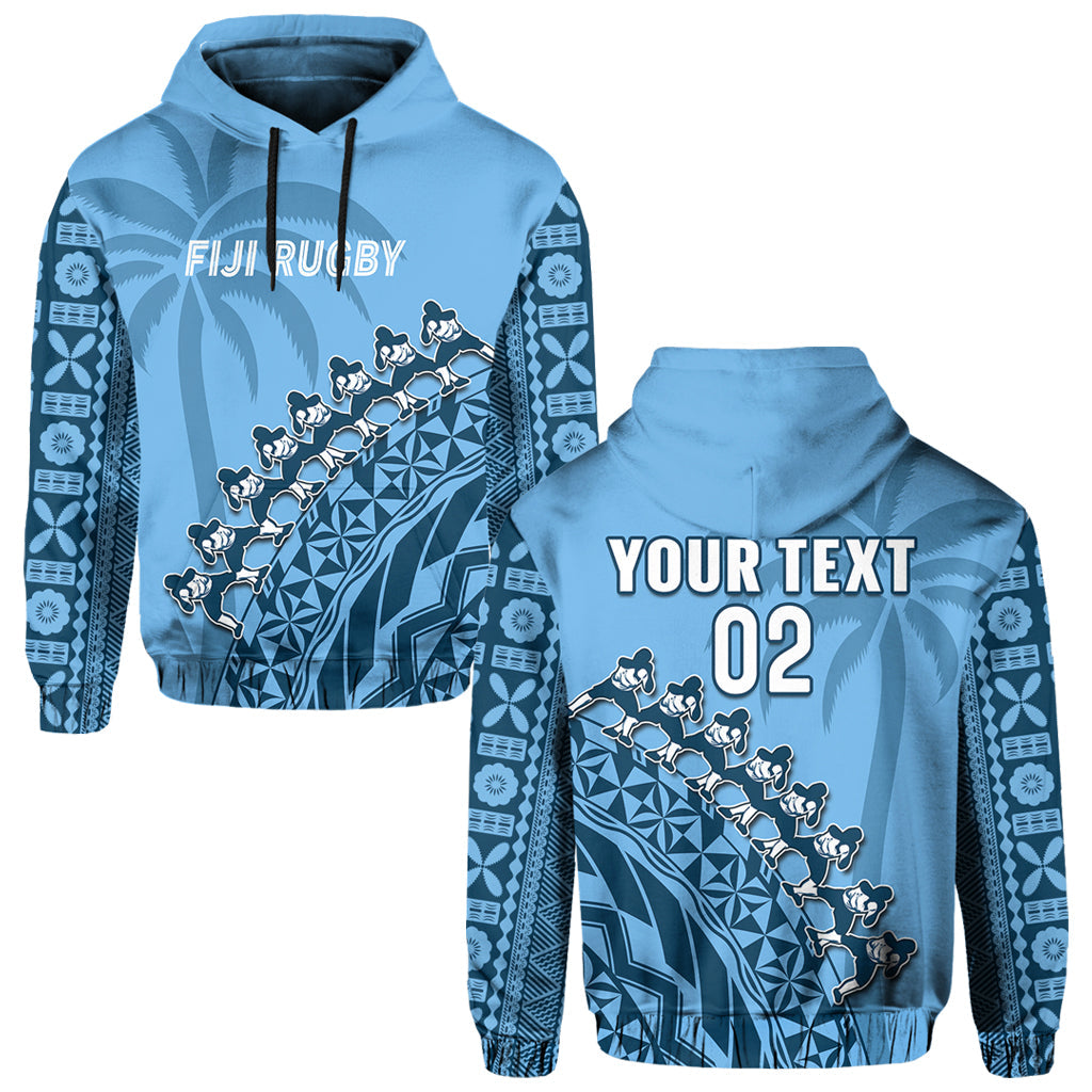 (Custom Text and Number) Fiji Tapa Rugby Hoodie Fijian Cibi Dance Tapa Pattern Blue LT14 Hoodie Blue - Polynesian Pride