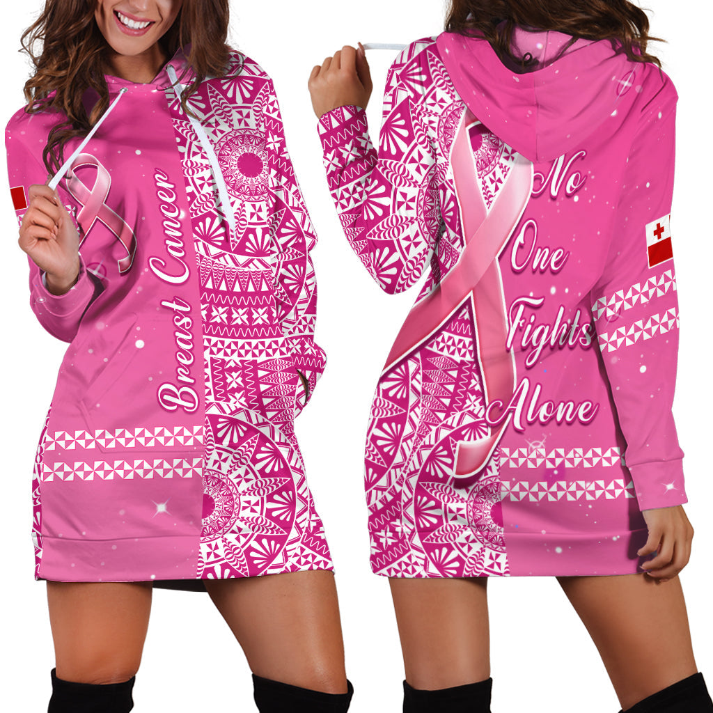 Tonga Breast Cancer Hoodie Dress Tongan Ngatu Pattern No One Fights Alone LT14 Pink - Polynesian Pride