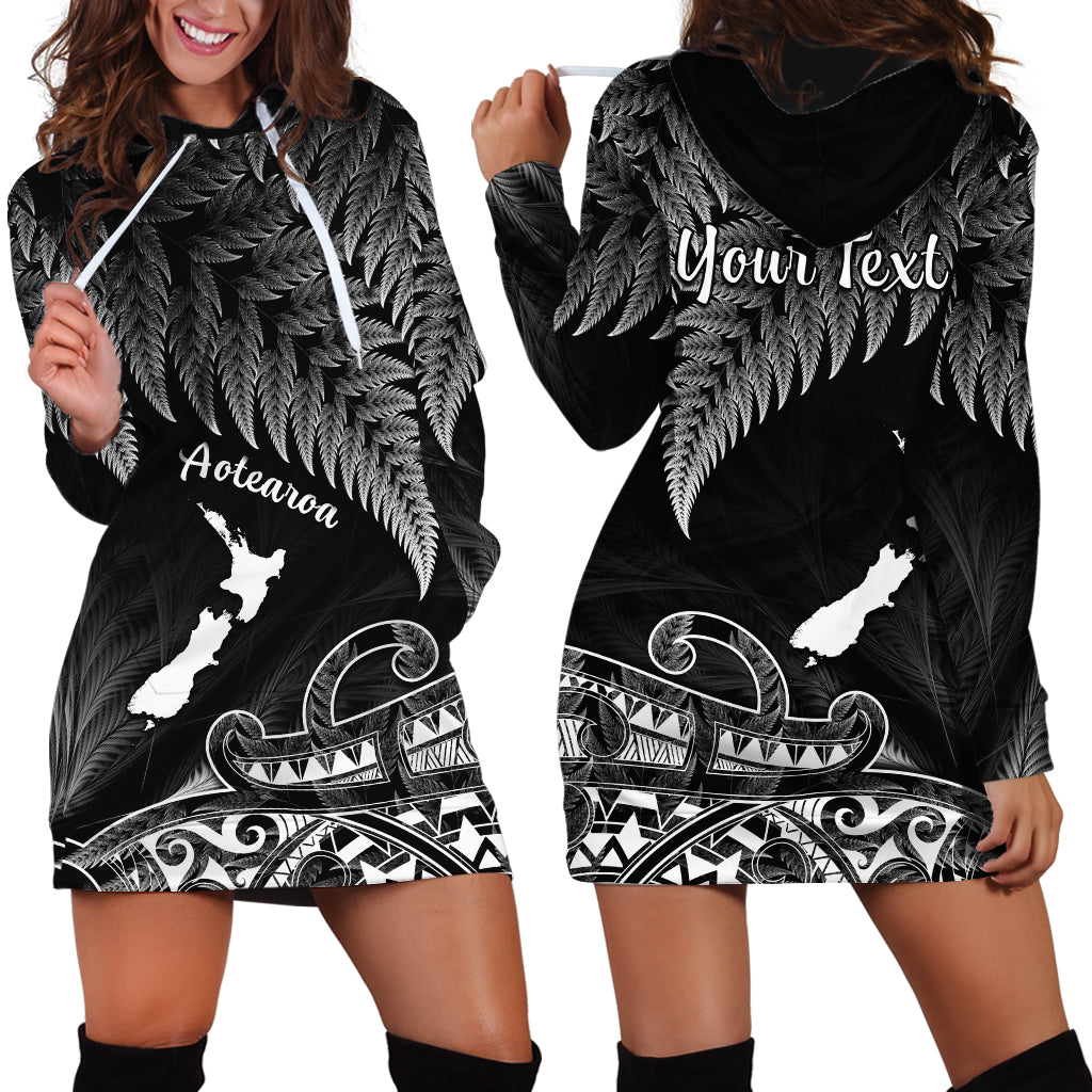 (Custom Personalised) New Zealand Silver Fern Hoodie Dress Aotearoa Map Maori LT14 Black - Polynesian Pride