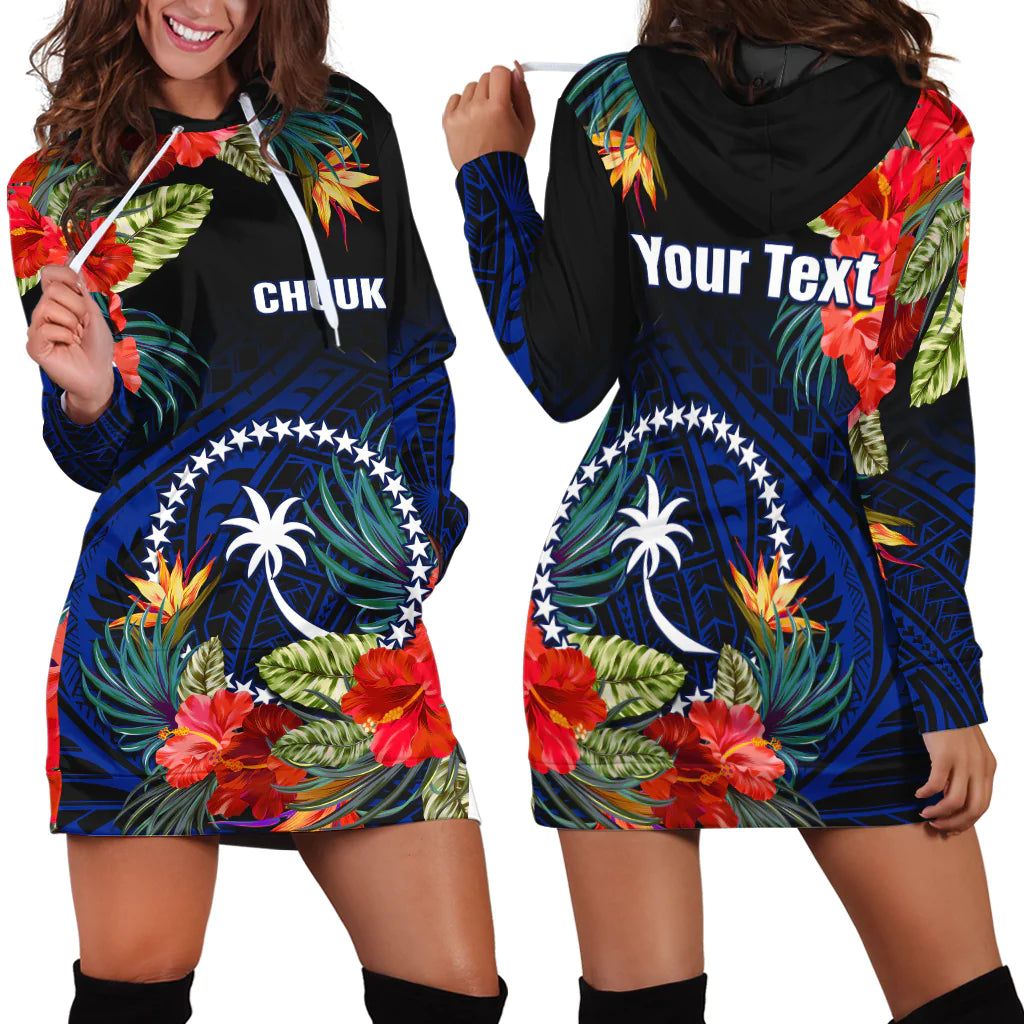 (Custom Personalised) Chuuk State Hoodie Dress FSM Hibiscus Flowers Mix Polynesian LT14 Blue - Polynesian Pride