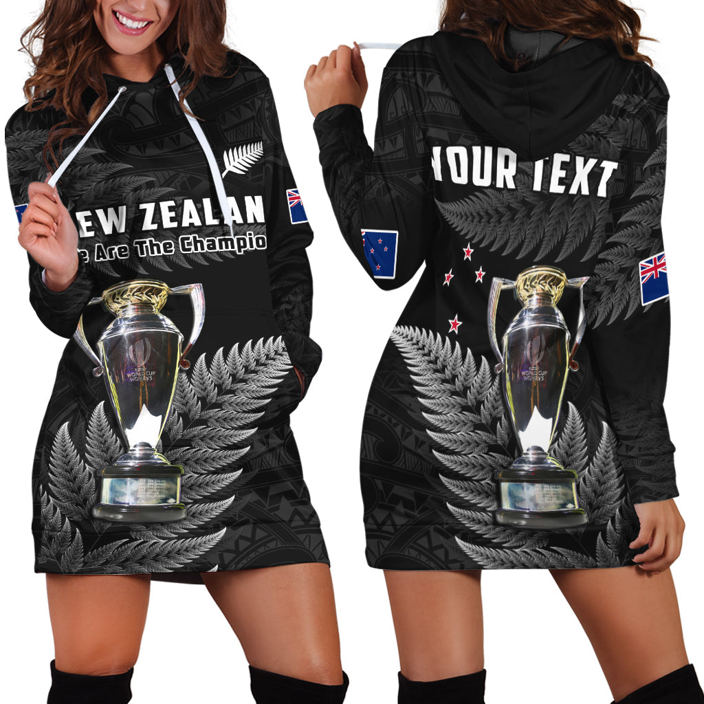 (Custom Personalised) New Zealand 2022 Rugby Hoodie Dress Black Fern Proud Champions RWC LT14 Black - Polynesian Pride