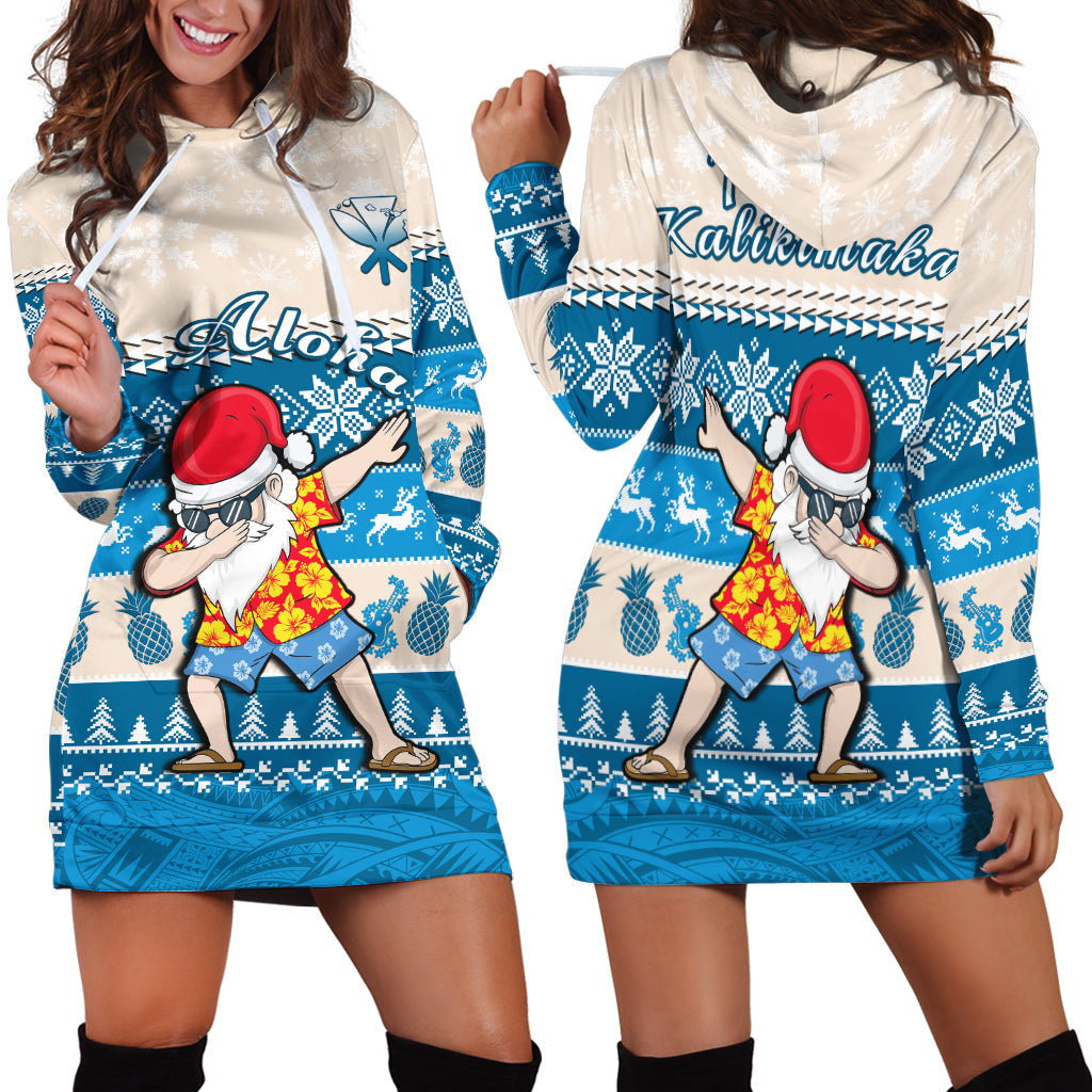 Hawaii Mele Kalikimaka Hoodie Dress Dabbing Santa Blue Merry Christmas LT14 Blue - Polynesian Pride