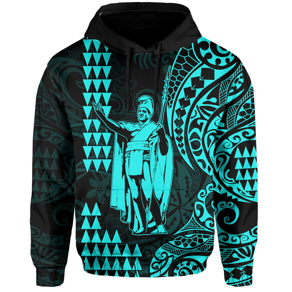 (Custom Text and Number) Hawaii Day Kakau Hoodie Proud To Be Hawaiian Turquoise King Kamehameha and Kanaka Maoli LT13 - Polynesian Pride