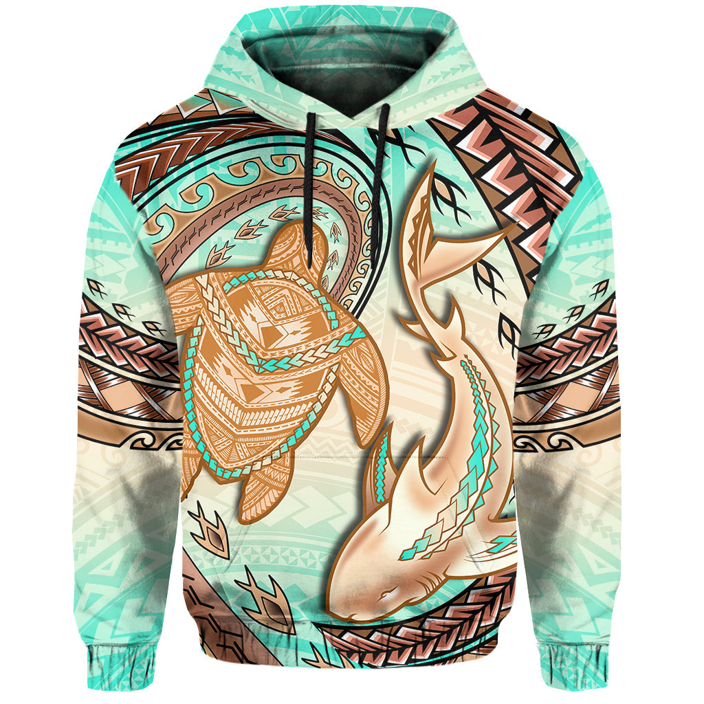 Hawaii Hoodie Polynesian Shark and Sea Turtle Dreamy Turquoise Artsy LT14 Hoodie Turquoise - Polynesian Pride