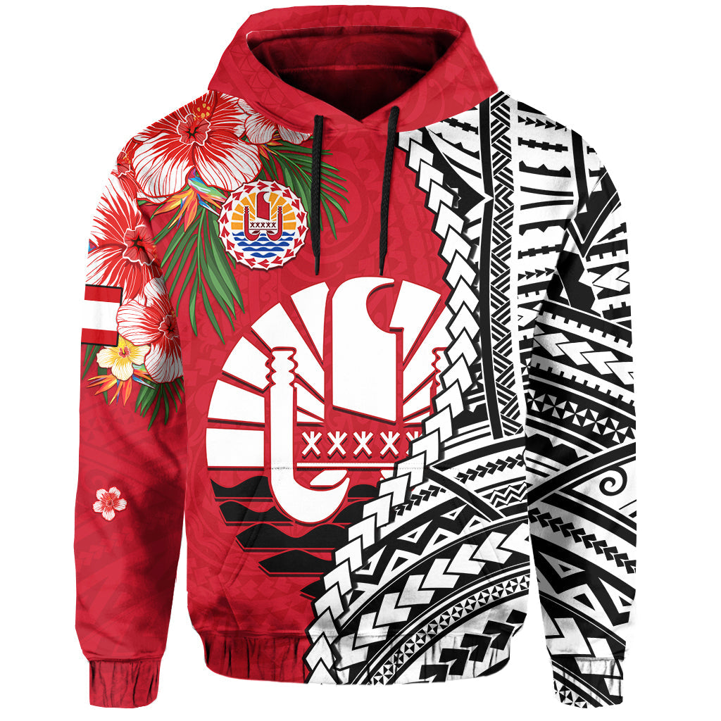 Tahiti Islands Hoodie Polynesian Shark Mix Tropical Flowers LT14 Hoodie Red - Polynesian Pride