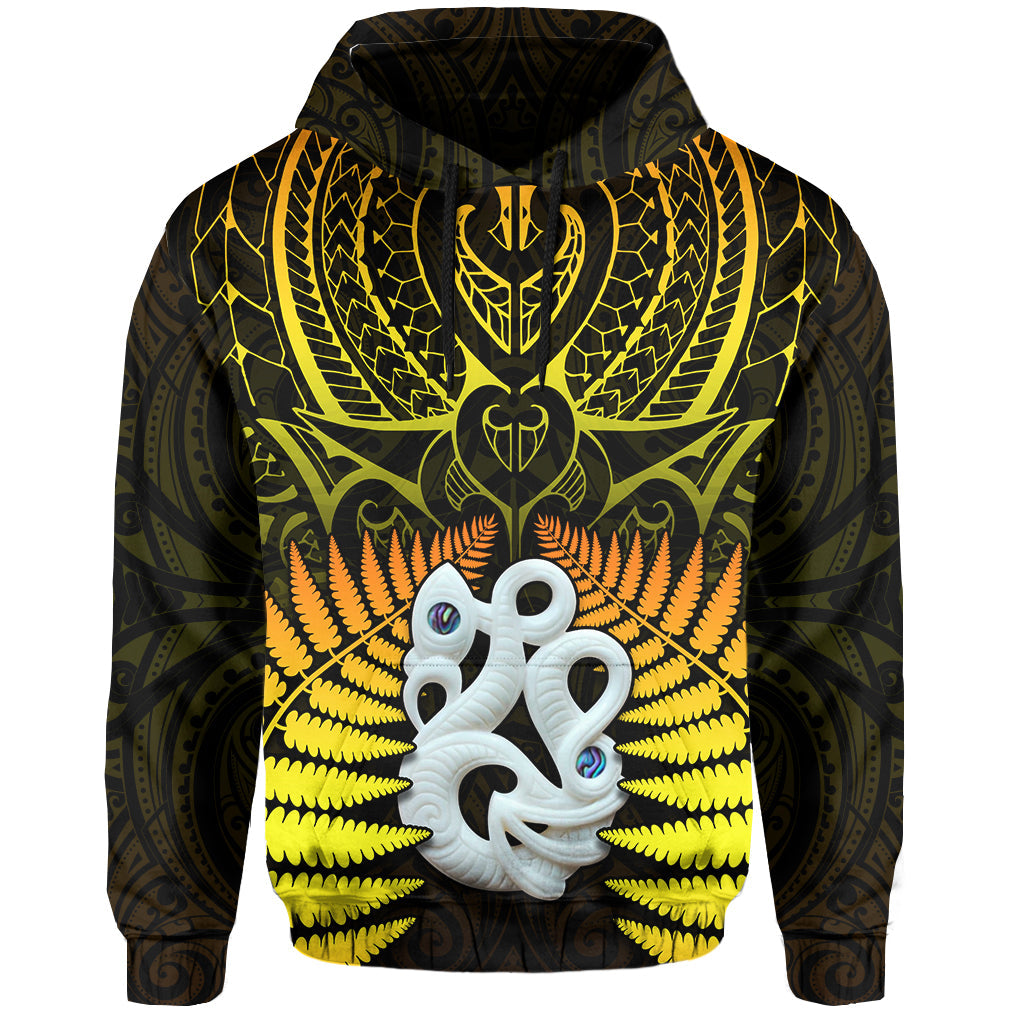 (Custom Text and Number) Aotearoa Fern Hoodie New Zealand Hei Tiki Gold Style LT13 Hoodie Gold - Polynesian Pride