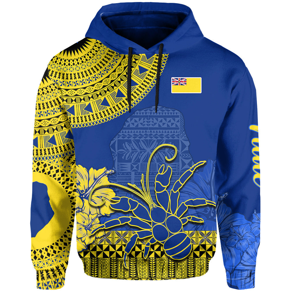 Niue Hiapo Hoodie Rock of Polynesia Tapa Niuean Crab Happy Day LT13 Blue - Polynesian Pride