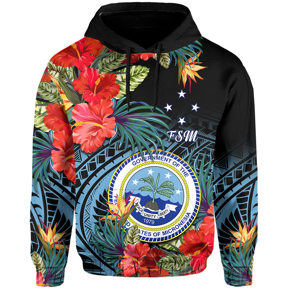 Federated States of Micronesia Hoodie Hibiscus Flowers FSM Seal Polynesian LT14 Pullover Hoodie Black - Polynesian Pride