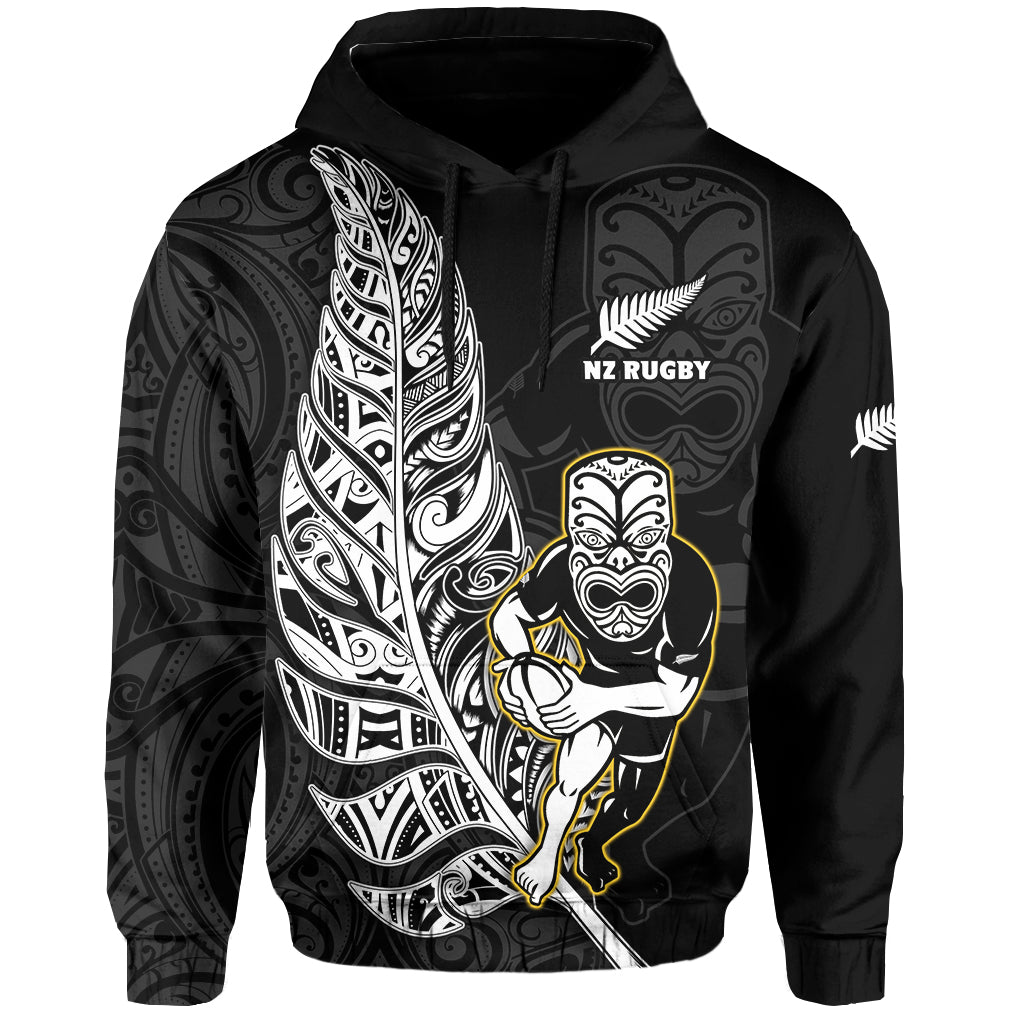 (Custom Text and Number) New Zealand Silver Fern Rugby Hoodie All Black Maori Version Black LT14 Pullover Hoodie Black - Polynesian Pride