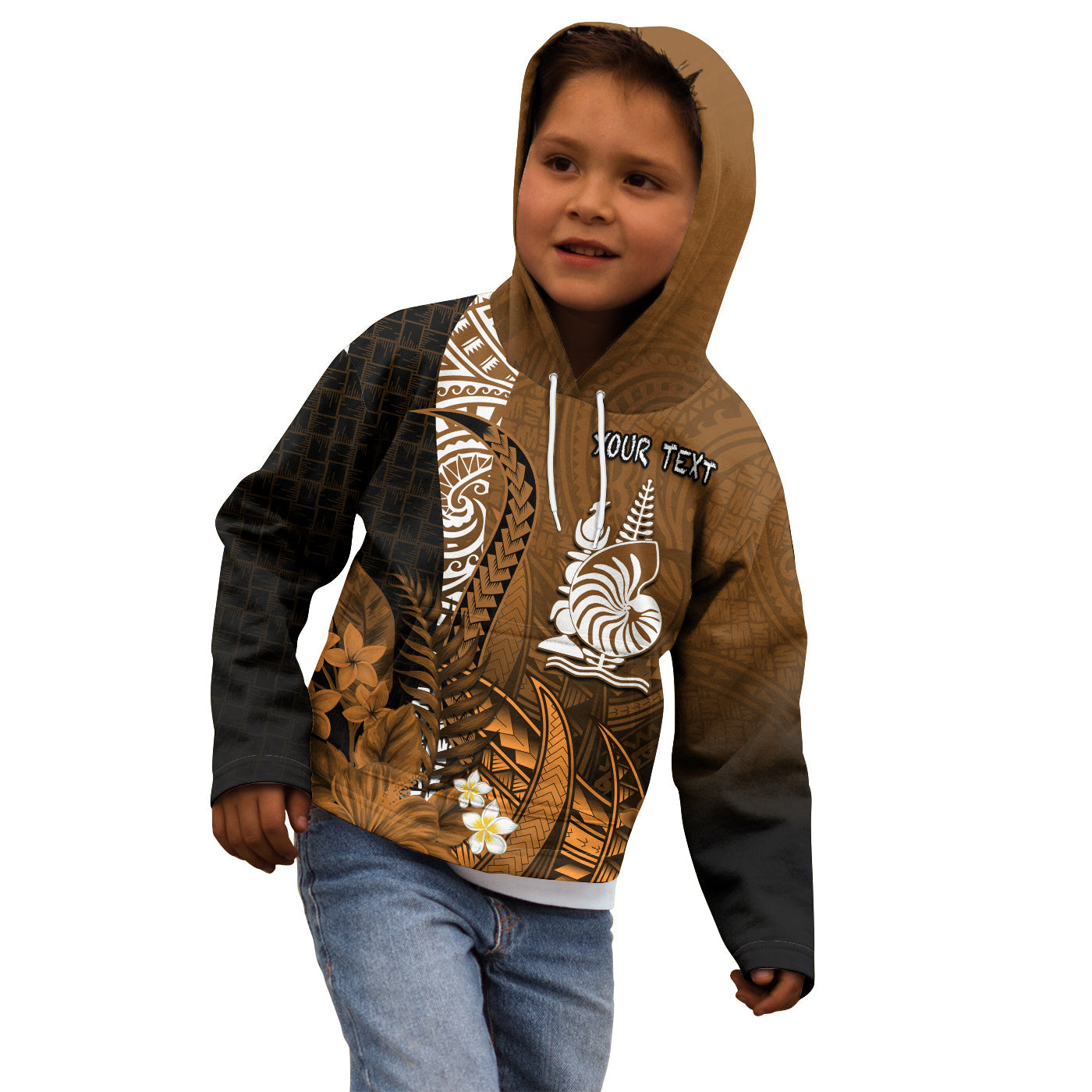 (Custom Personalised) New Caledonia Hoodie KID Nautilus Gold Polynesian Hibiscus LT13 Gold - Polynesian Pride