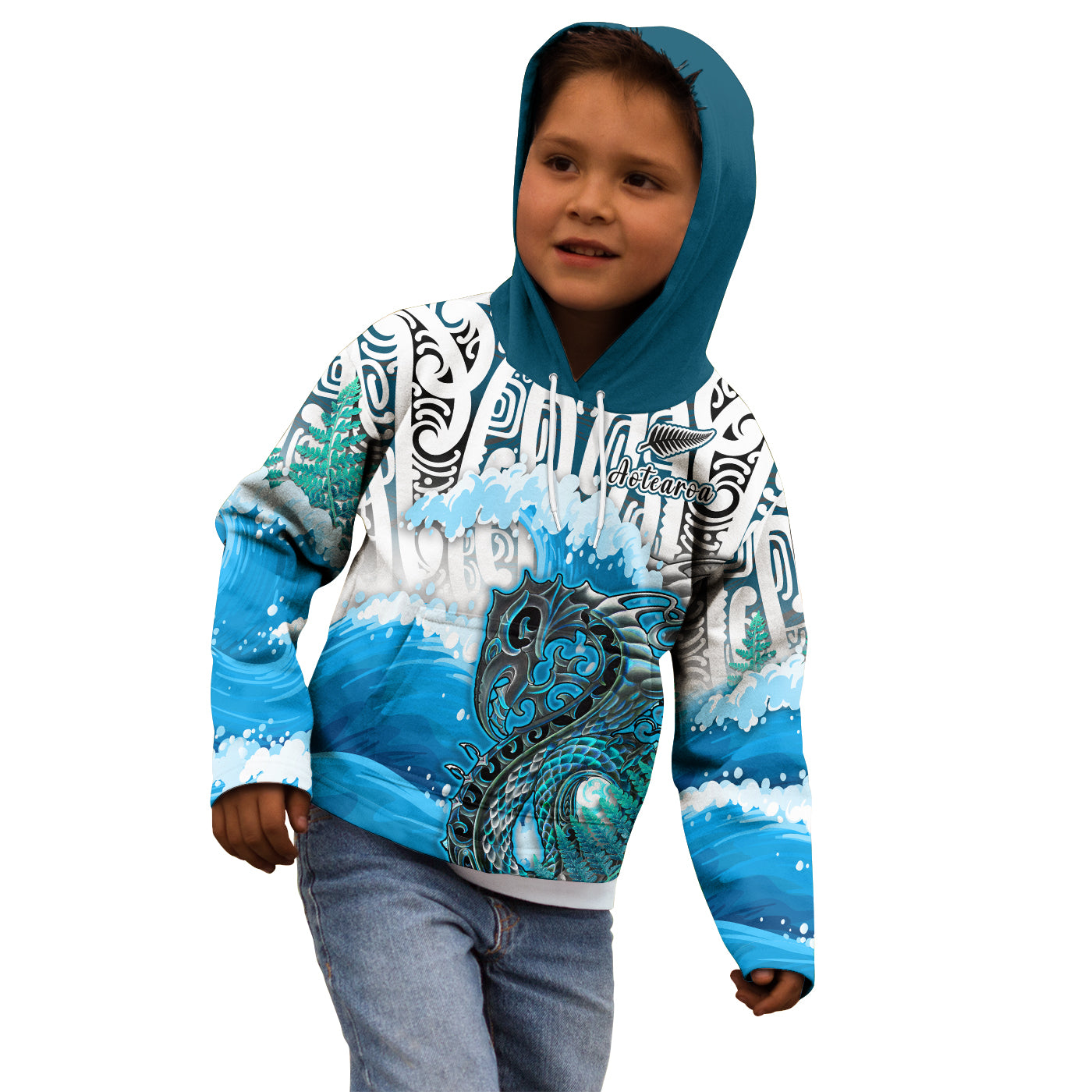 (Custom Personalised) Manaia Maori Hoodie KID Fern Aotearoa Blue Waves LT13 Blue - Polynesian Pride