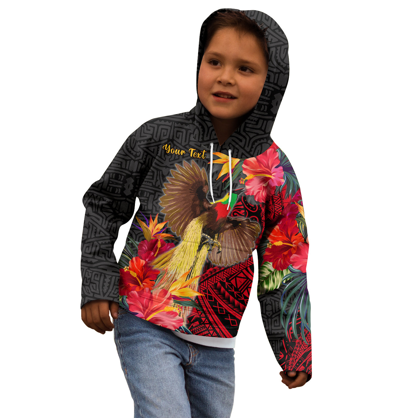 (Custom Personalised) Papua New Guinea Hoodie KID Bird of Paradise LT13 Black - Polynesian Pride