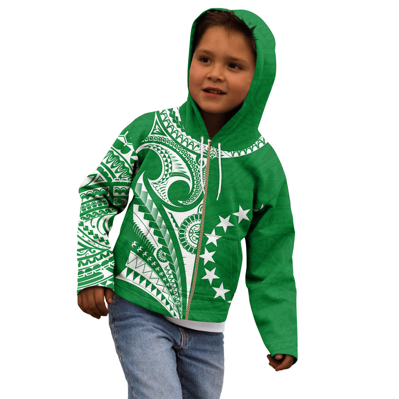 Cook Islands Tatau Hoodie KID Symbolize Passion Stars Version Green LT13 Green - Polynesian Pride