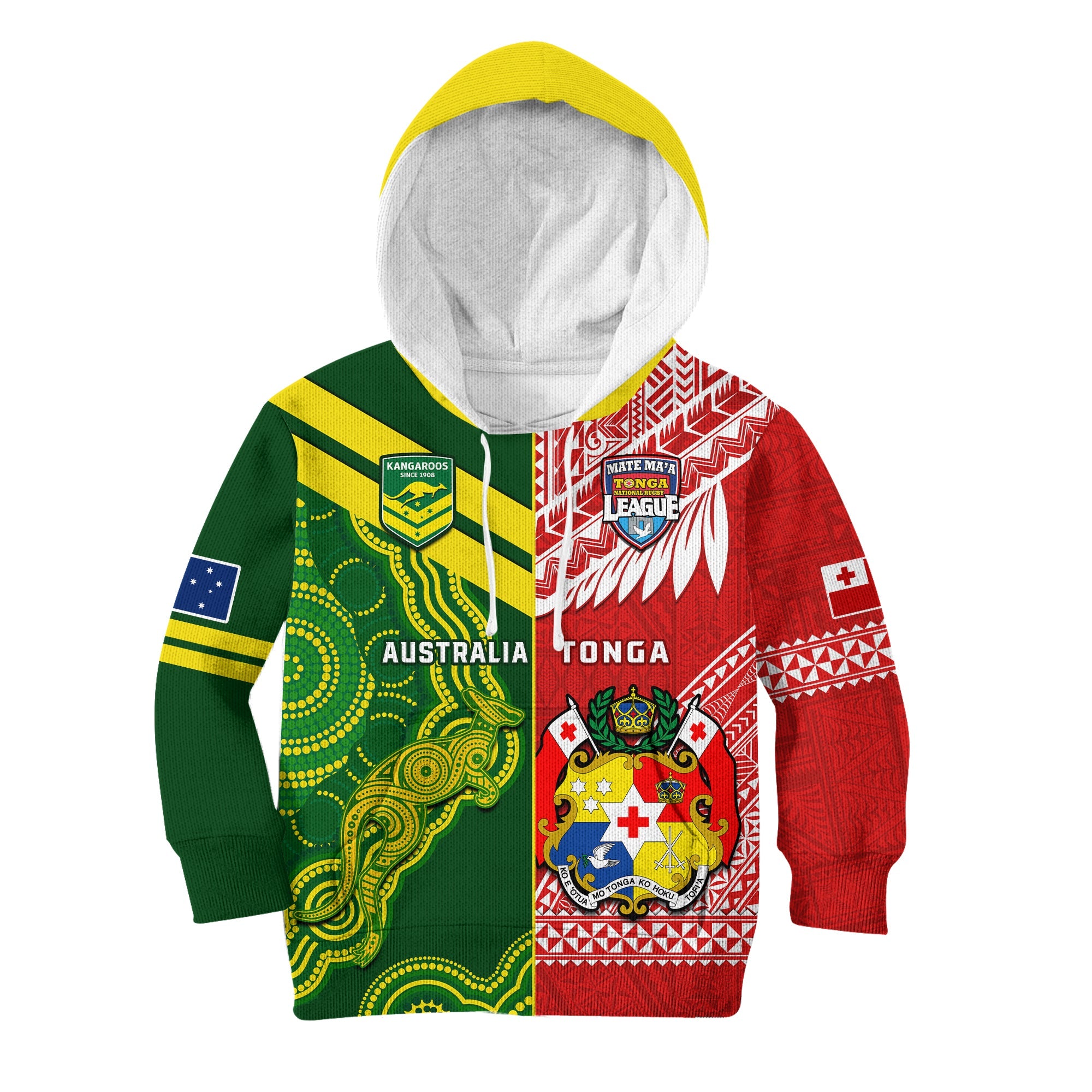 (Custom Personalised) Tonga And Australia Rugby Hoodie KID Mate Maa Tonga Mix Kangaroos LT14 Red - Polynesian Pride