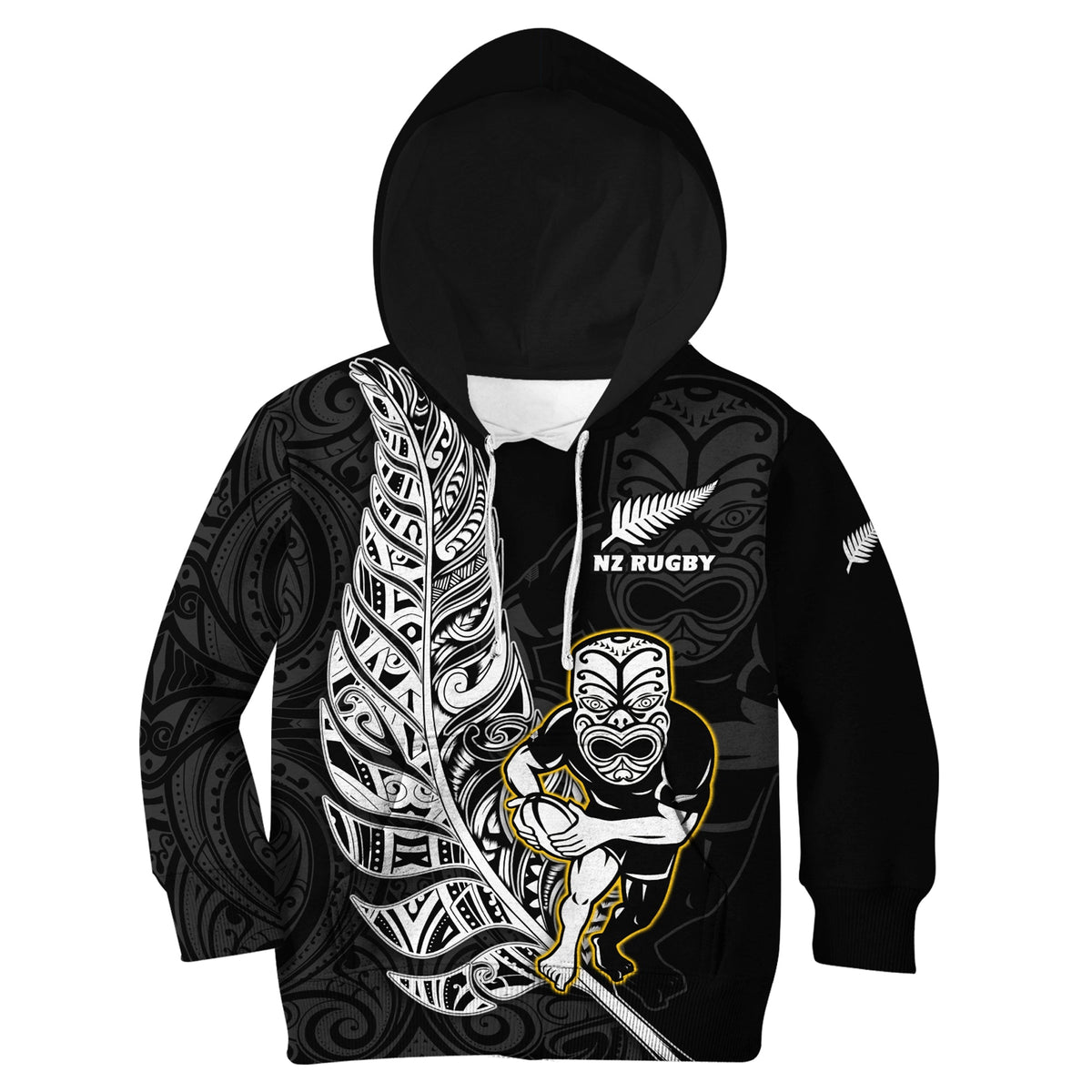 (Custom Text And Number) New Zealand Silver Fern Rugby Hoodie KID All Black Maori Version Black LT14 Black - Polynesian Pride