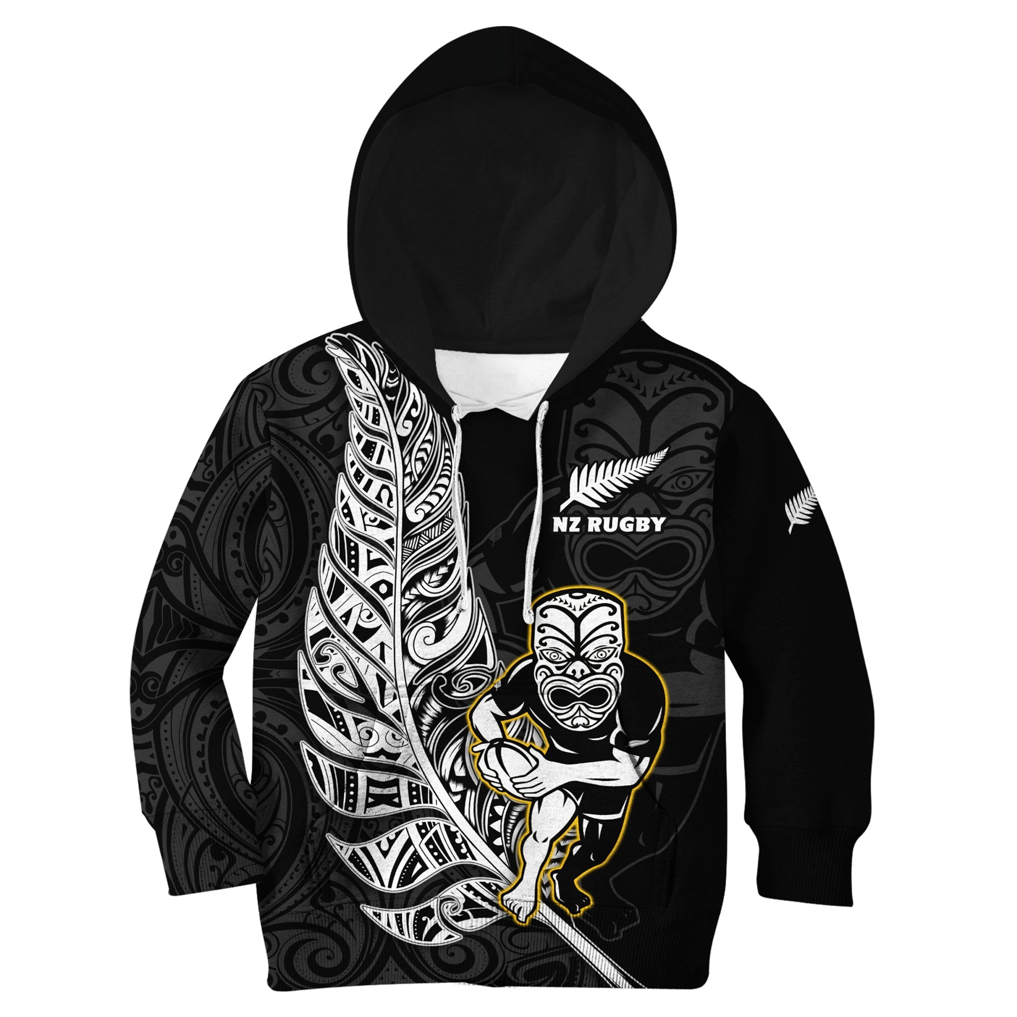 (Custom Text And Number) New Zealand Silver Fern Rugby Hoodie KID All Black Maori Version Black LT14 Black - Polynesian Pride