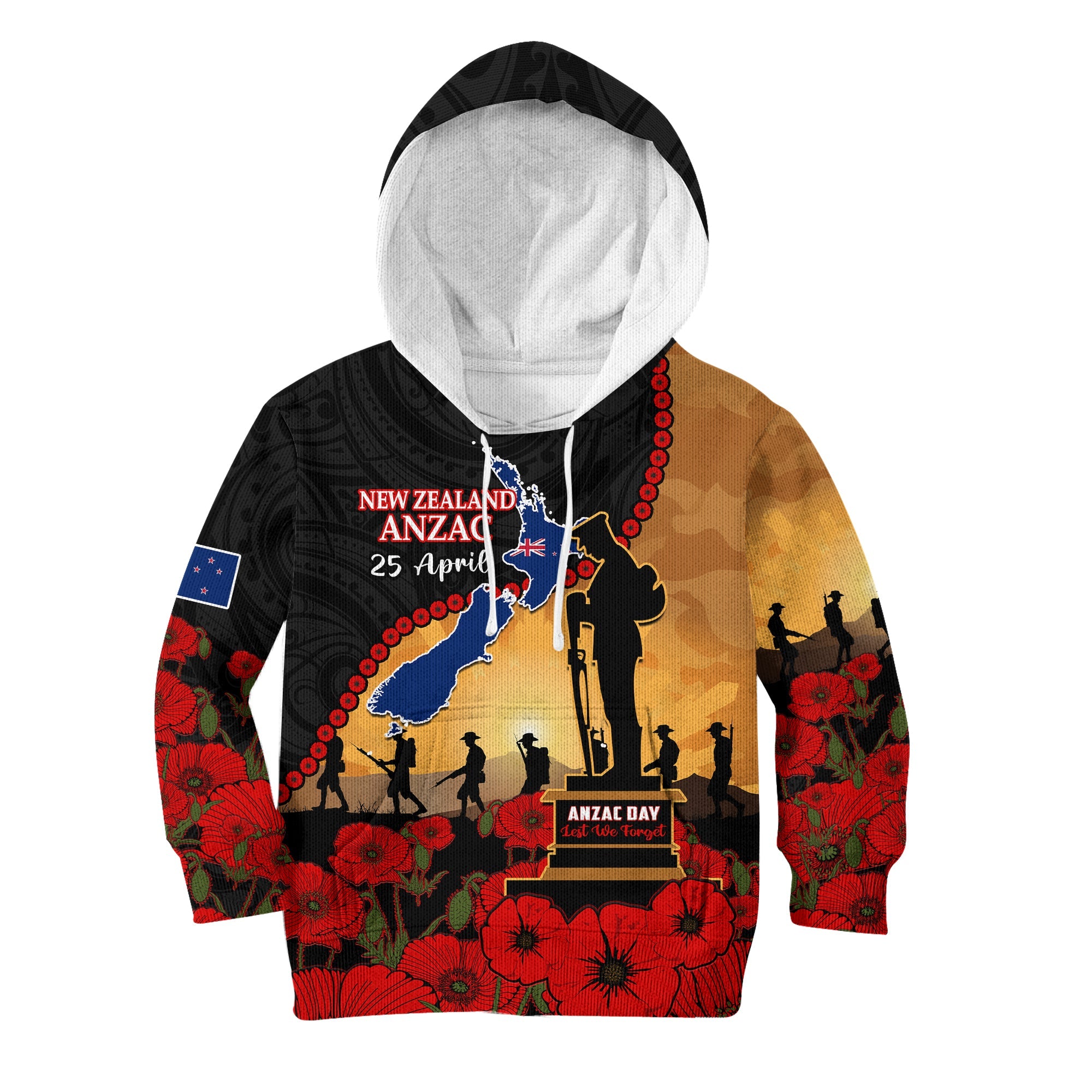 (Custom Personalised) New Zealand Anzac Hoodie KID Maori Camouflage Mix Poppies We Will Remember Them LT14 Black - Polynesian Pride