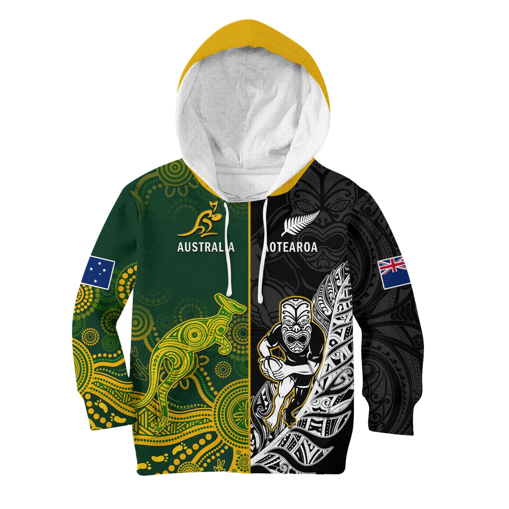 Australia Rugby Mix Aotearoa Rugby Hoodie KID Wallabies All Black Special Version LT14 Black - Polynesian Pride