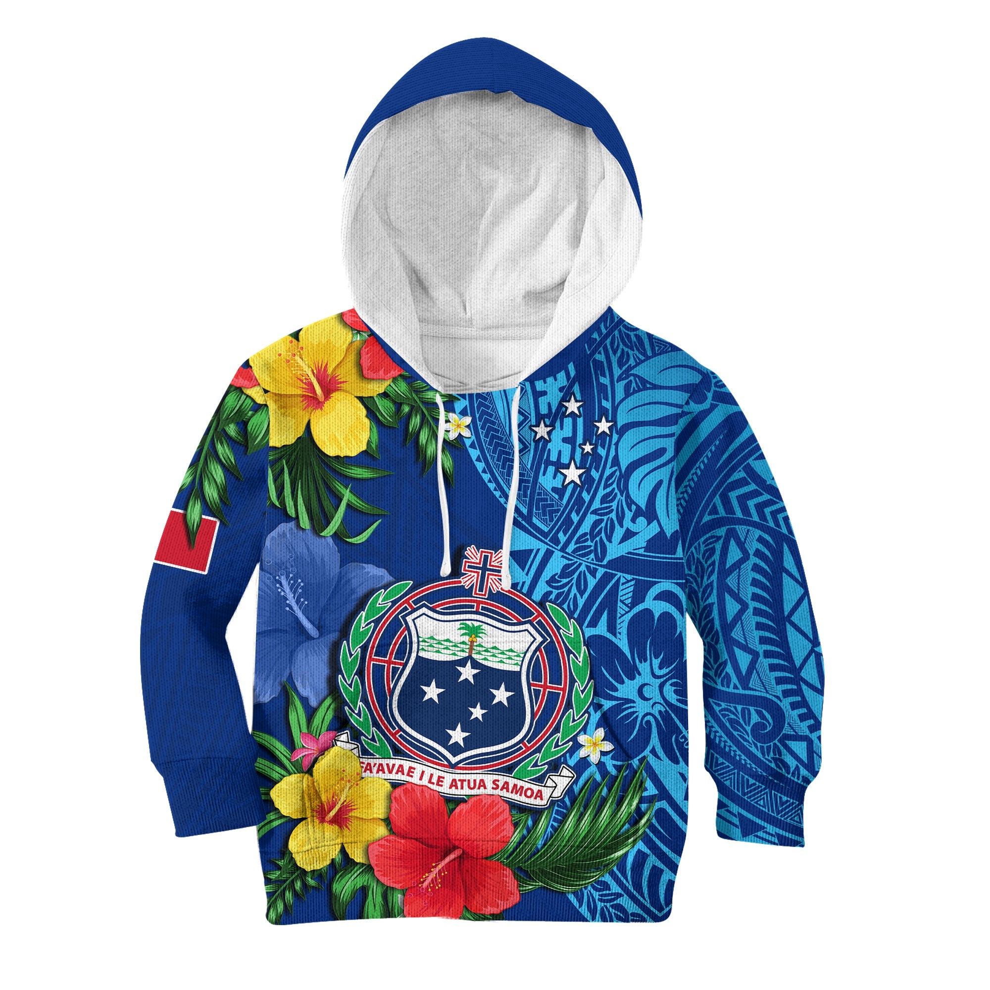 (Custom Personalised) Samoa Hoodie KID Coat Of Arms Mix Tropical Flowers LT14 Blue - Polynesian Pride