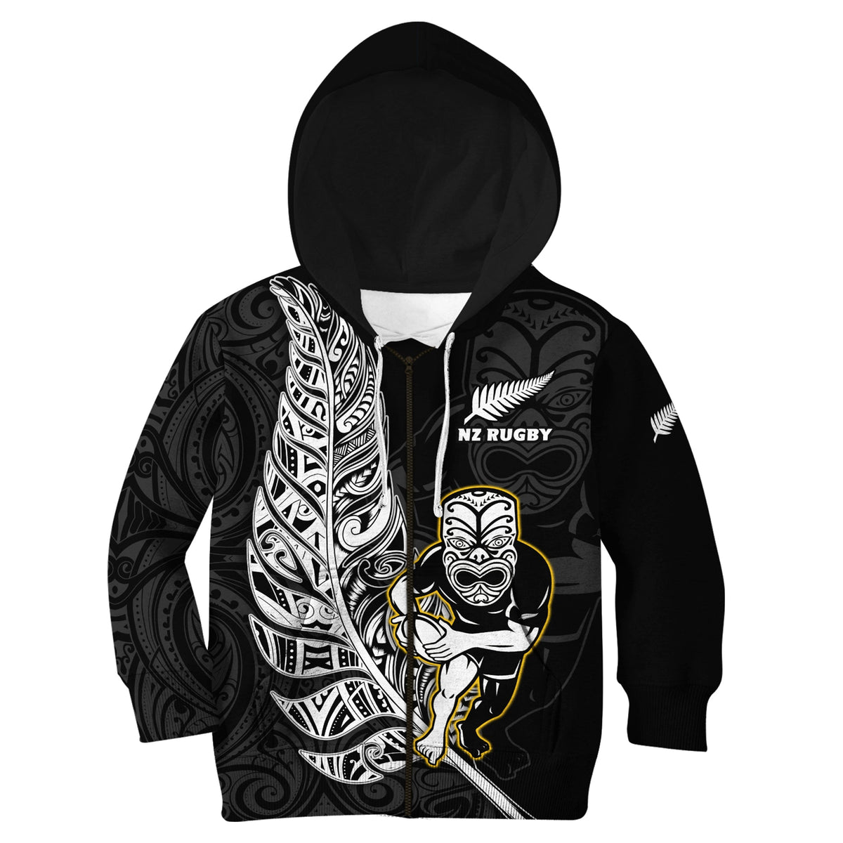 New Zealand Silver Fern Rugby Hoodie KID All Black Maori Version Black LT14 - Polynesian Pride
