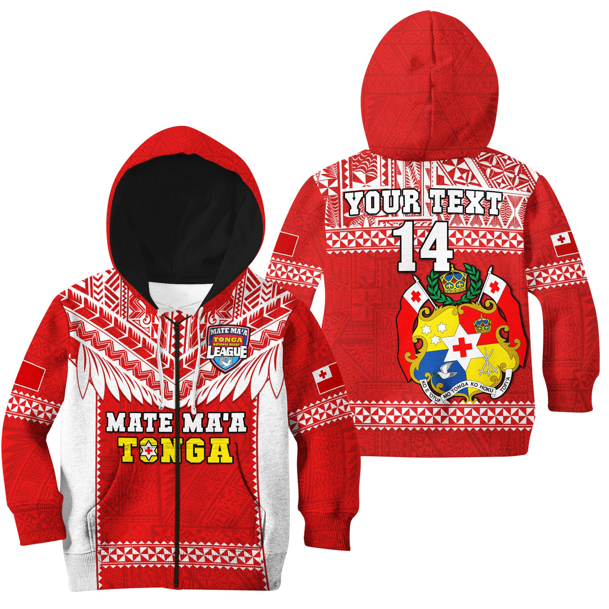 (Custom Text And Number) Tonga Rugby Hoodie KID Mate Maa Tonga Pacific Ngatu White LT14 Zip Hoodie Red - Polynesian Pride