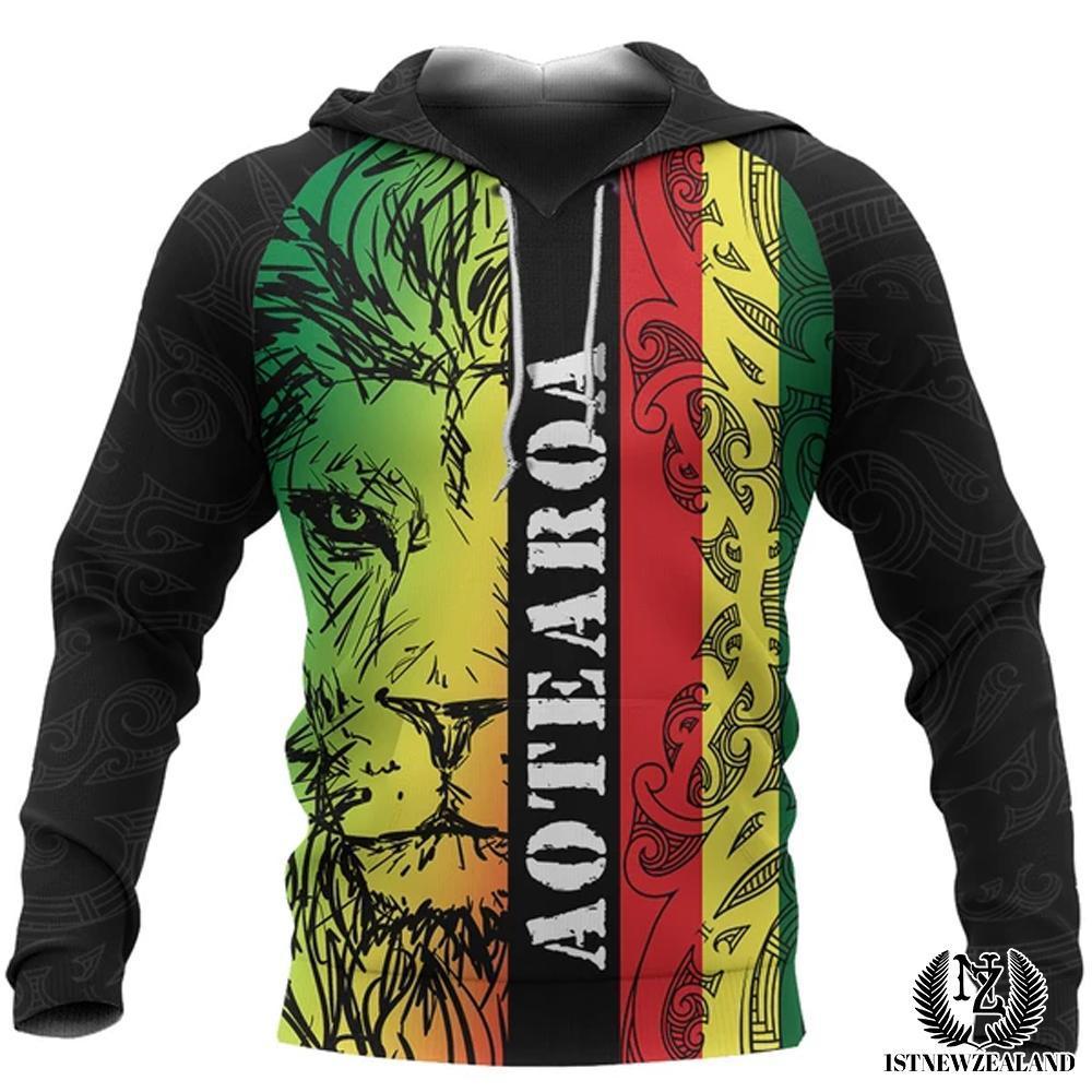 Aotearoa Lion Hoodie Maori Koru Pattern Unisex Rasta - Polynesian Pride