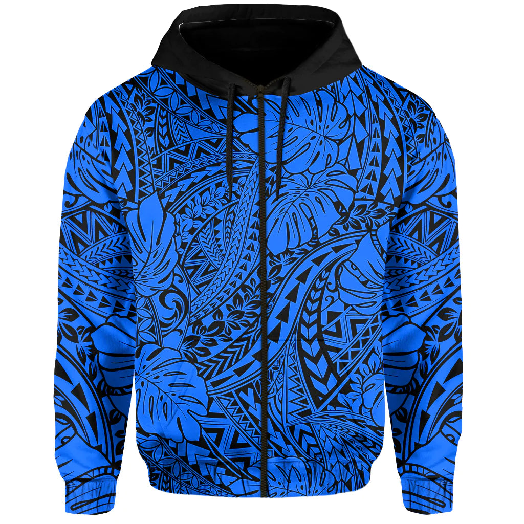 Custom Hawaii Hoodie Polynesian Tribal Art Ver.04 LT14 Zip Hoodie Blue - Polynesian Pride