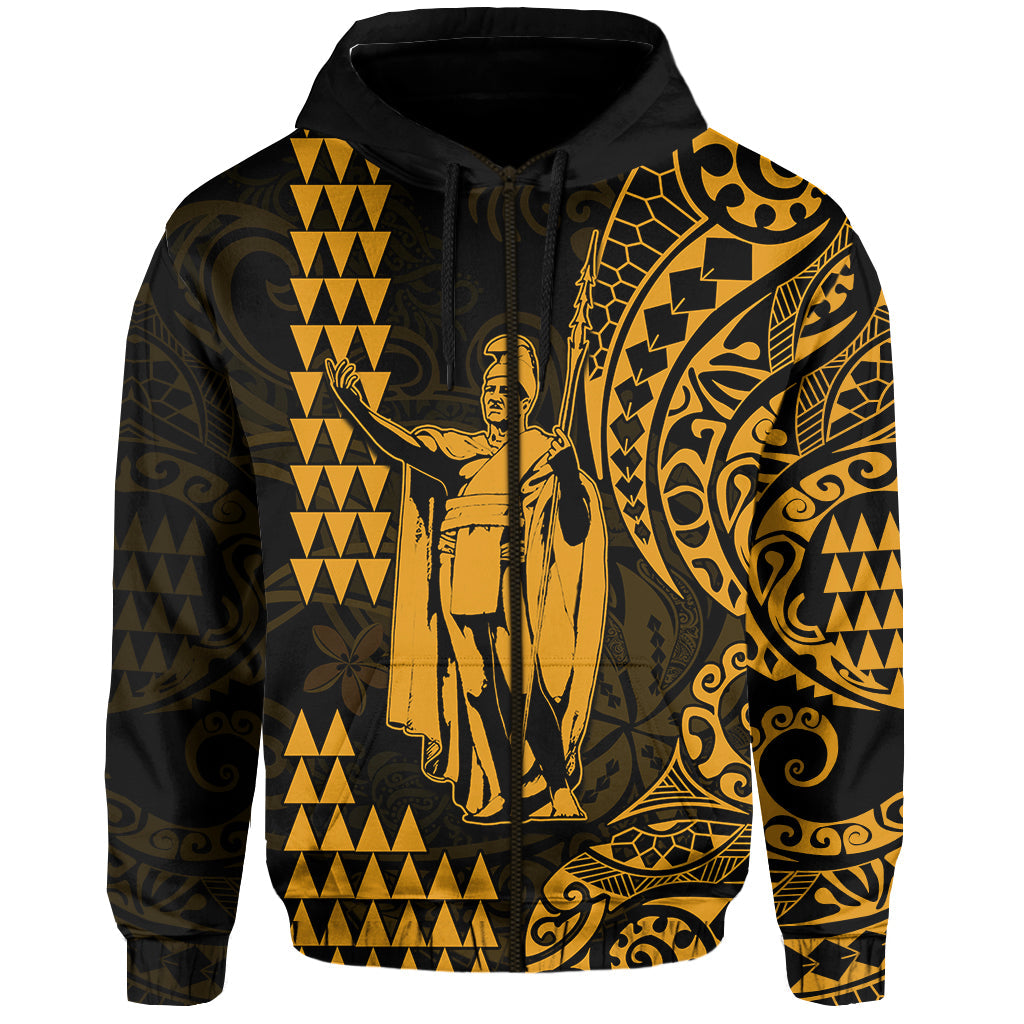 (Custom Text and Number) Hawaii Day Kakau Hoodie Proud To Be Hawaiian Gold King Kamehameha and Kanaka Maoli LT13 - Polynesian Pride
