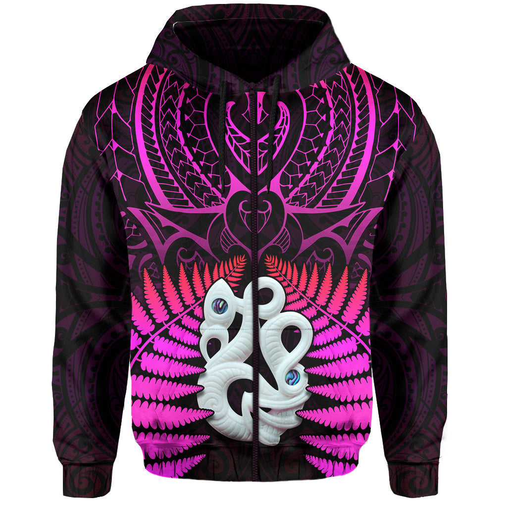 (Custom Text and Number) Aotearoa Fern Hoodie New Zealand Hei Tiki Purple Style LT13 Zip Hoodie Purple - Polynesian Pride