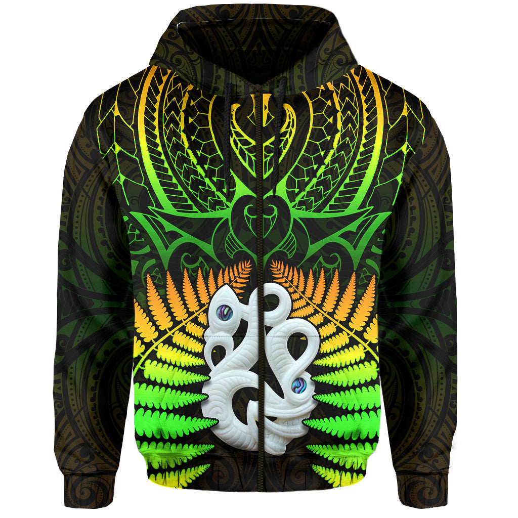 Aotearoa Fern Hoodie New Zealand Hei Tiki Special Style LT13 Zip Hoodie Green - Polynesian Pride