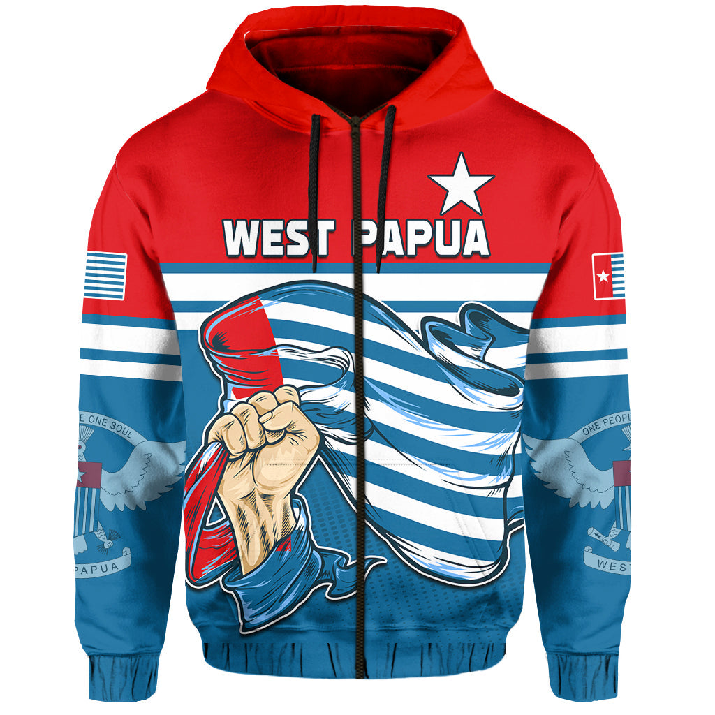 Free West Papua Hoodie One People One Soul Strong West Papuan LT13 Zip Hoodie Blue - Polynesian Pride