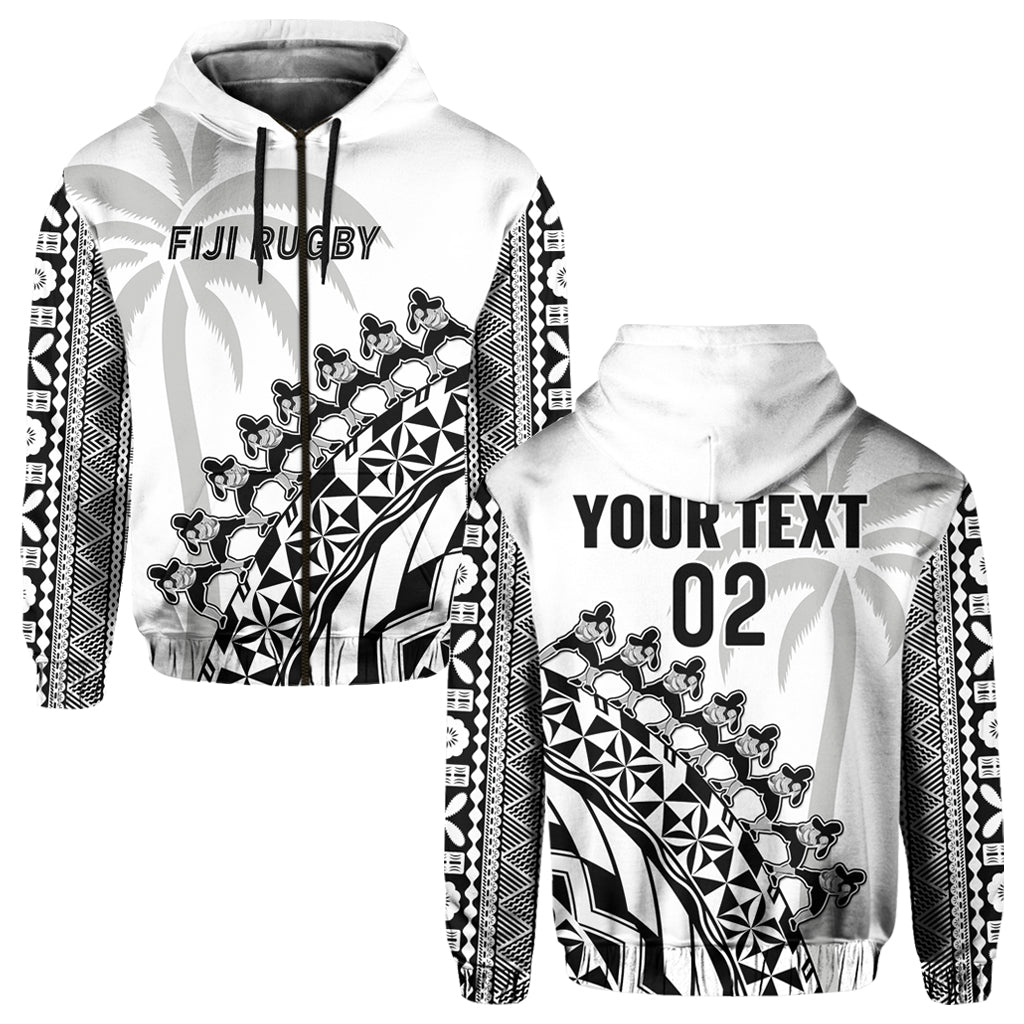 (Custom Text and Number) Fiji Rugby Hoodie Fijian Cibi Dance Tapa Pattern White LT14 Zip Hoodie White - Polynesian Pride