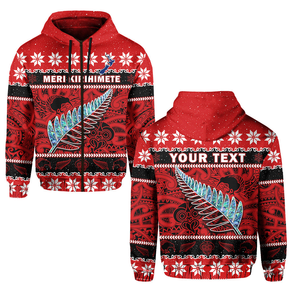 Custom New Zealand Christmas Hoodie Paua Shell Silver Fern Meri Kirihimete LT14 Zip Hoodie Red - Polynesian Pride