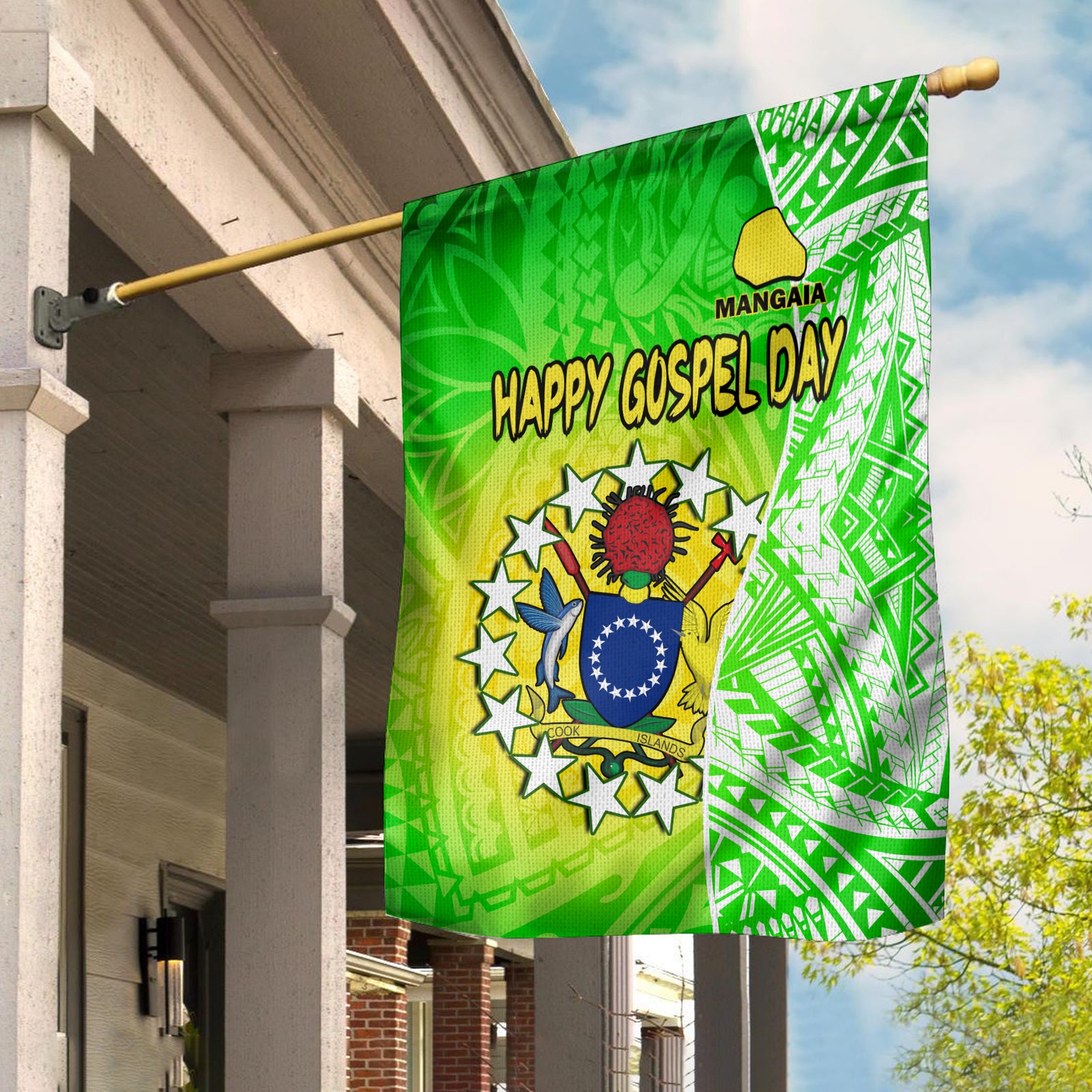 Happy Mangaia Gospel Day Flag Cook Islands Coat Of Arms Polynesian Pattern LT14 House Flag - Polynesian Pride