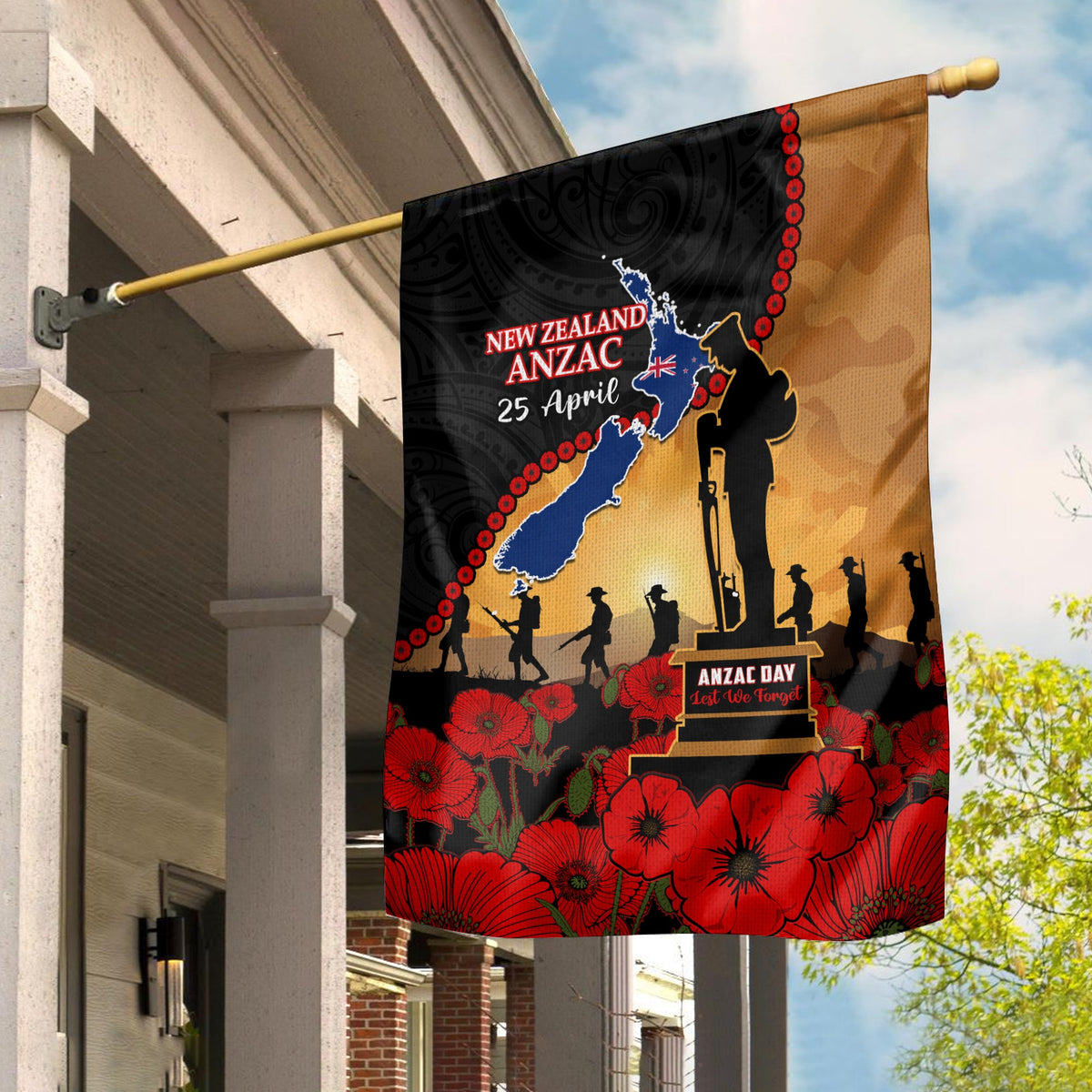 New Zealand Anzac Flag Maori Camouflage Mix Poppies We Will Remember Them Ver.02 LT14 House Flag - Polynesian Pride