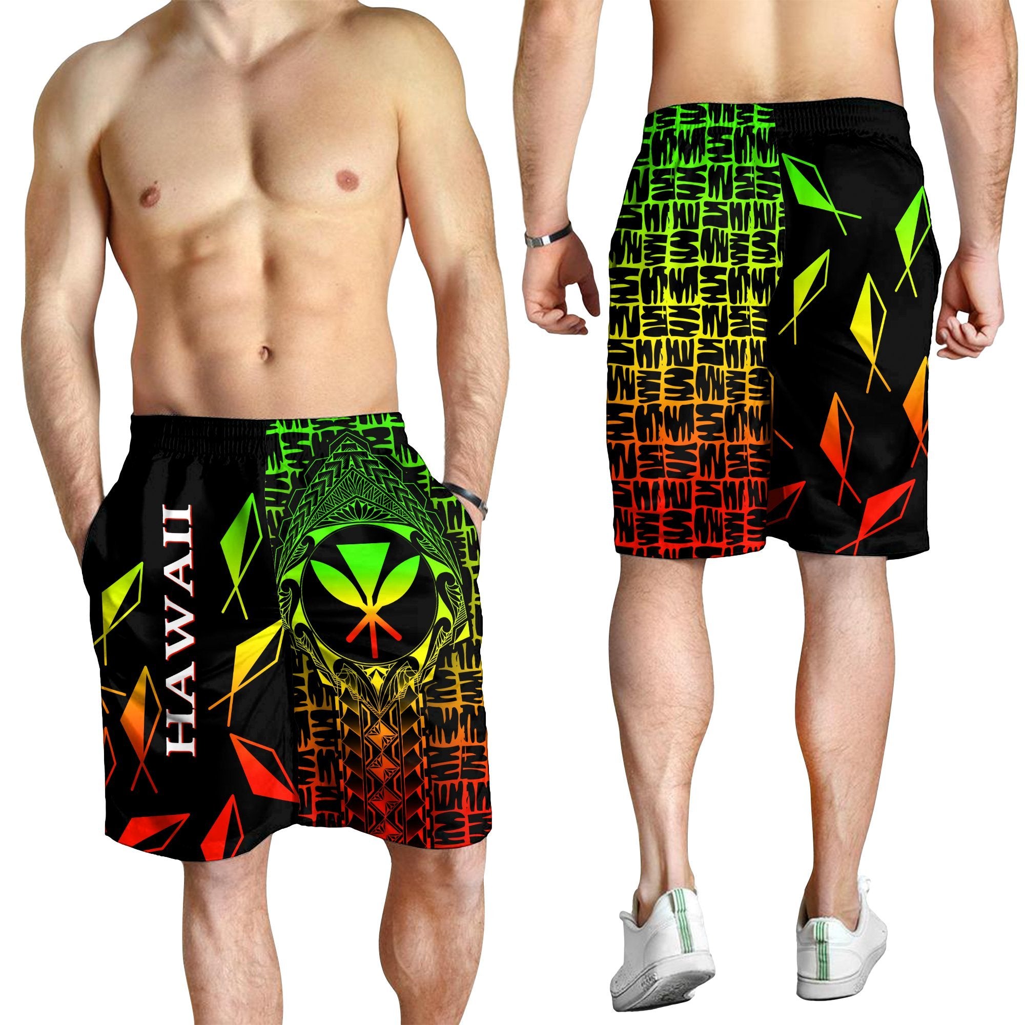 Hawaii Men Shorts - Kanaka Maoli Rocket Style(Reggae) Black - Polynesian Pride