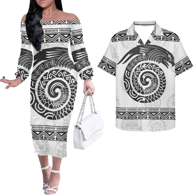 Polynesian Tribal Matching Hawaiian Outfits For Couple Combo Long Sleeve Dress And Hawaiian Shirt White - Polynesian Pride